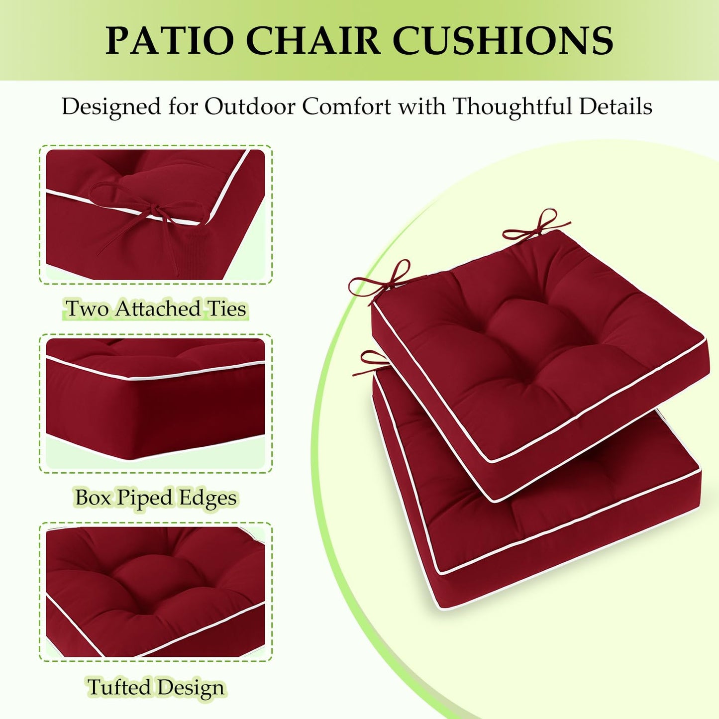 HARBOREST Outdoor Chair Cushions Set of 2, Tufted Patio Chair Cushions with Ties, Square Corner Outdoor Cushions for Patio Furniture, Lawn Chairs, Wicker Chairs, 17" x 17" x 5", Burgundy