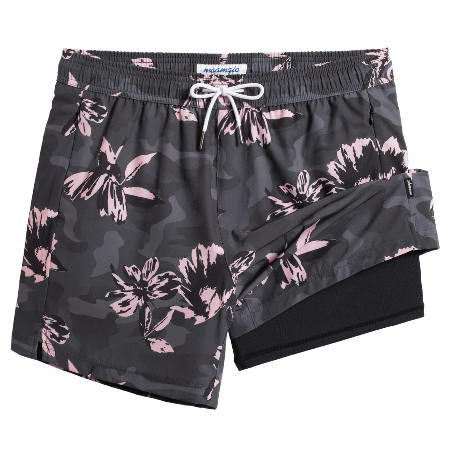 maamgic Mens Swim Trunks with Compression Liner 5" Stretch Athletic Swimming shorts Quick Dry with Zipper Pockets No-Chafing Board Shorts Dark Grey- Pink Poppy Flowers XS