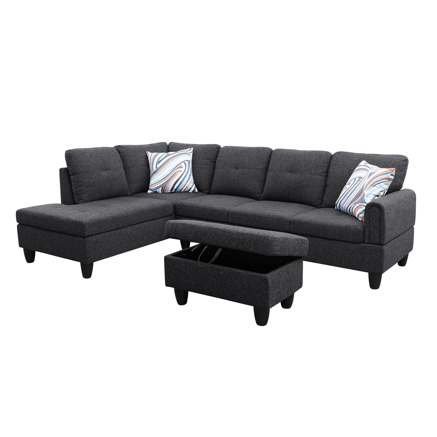 Osparple L Shaped Couch Sectional Couches for Living Room Upholstered Linen Fabric 3 Pieces Modular Sectional Sofa with Chaise, Ottoman with Storage for Small Apartment, Charcoal