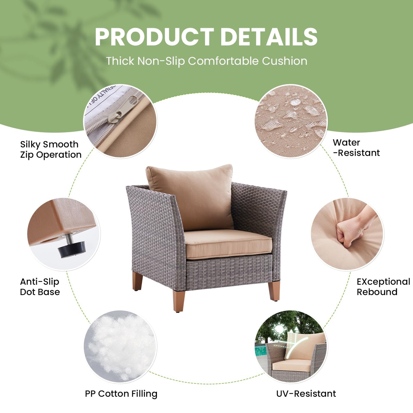 Soohow 5-Piece Patio Furniture Set, Outdoor Furniture with Coffee Table, Loveseat & 2 Single Chairs, 4-Inch Thickened Cushions with Water/Oil/Stain-Resistant Fabric (Beige Cushion + Gray Wicker)