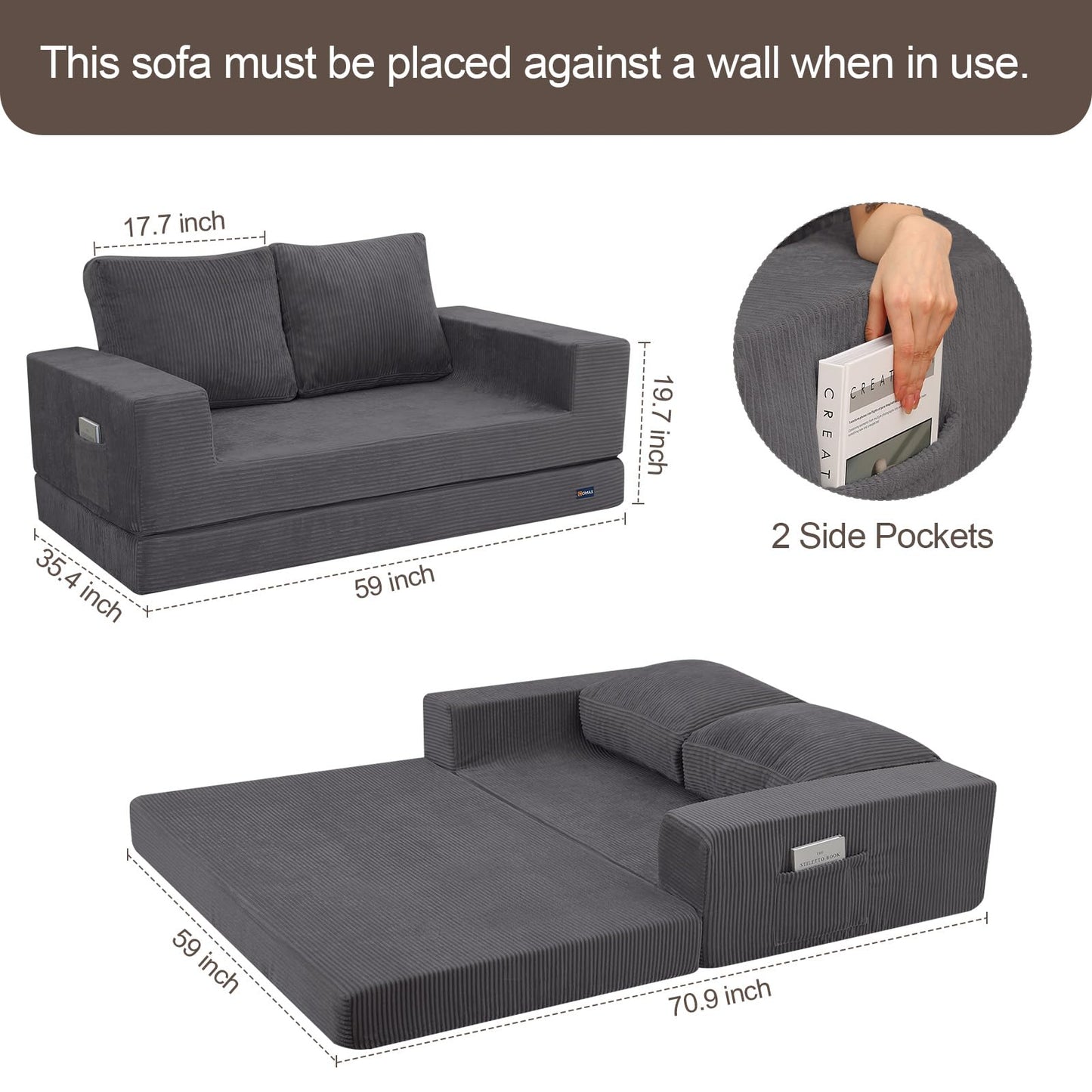COMAX Convertible Sofa Bed Queen, Folding Fold Out Couch Bed, Floor Couch Corduroy Sleeper Mattress with Back Pillows, Boneless Sofa Comfy Lounge Loveseat for Living Room Bedroom, Dark Grey