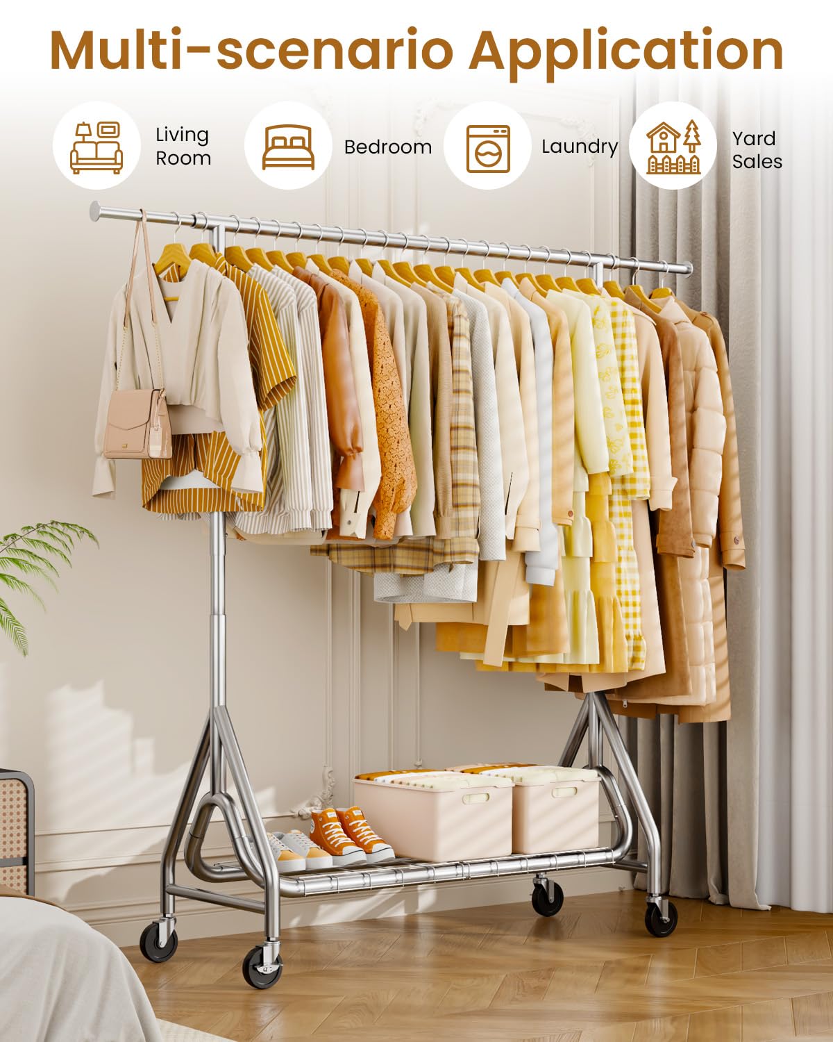JIEJIERUI Heavy Duty Clothing Rack, Metal Clothes Rack Load 450 LBS, Rolling Coat Racks for Hanging Clothes with Lockable Wheels, Wardrobe Closet Garment Racks for Bedroom, Silver