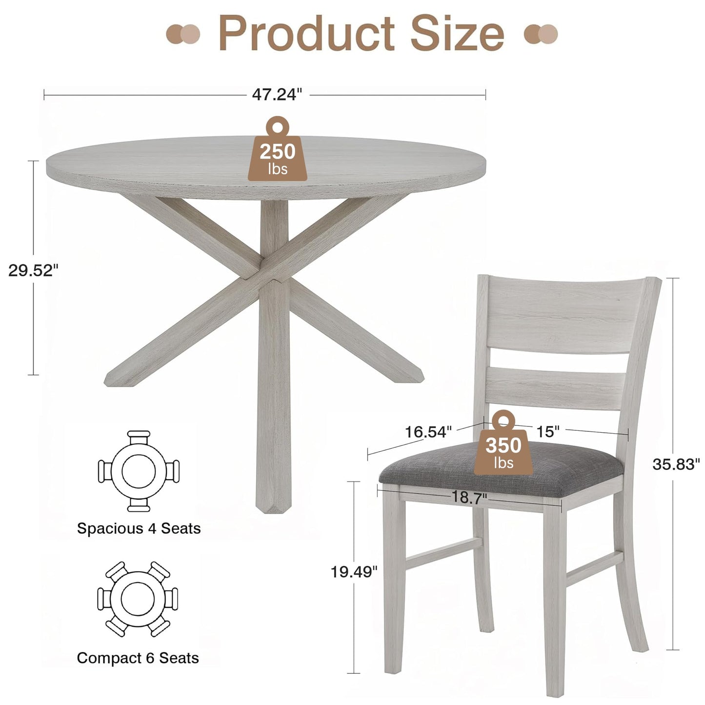 VECELO Peatuk 4-Piece Solid Wood Dining Table Set for 4-6, Modern Breakfast Dinette Kitchen Table with Chairs for Dining Room, Kitchen, Grey