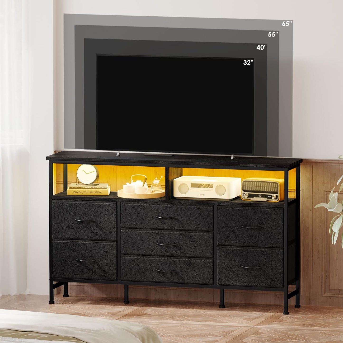 Fixwal 55 Inches Long Dresser Black Dresser for Bedroom with Power Outlets and LED Lights, 65-inch TV Stand with 7 Fabric Drawers, TV Stand for Bedroom Furniture, Chests of Drawers for Closet