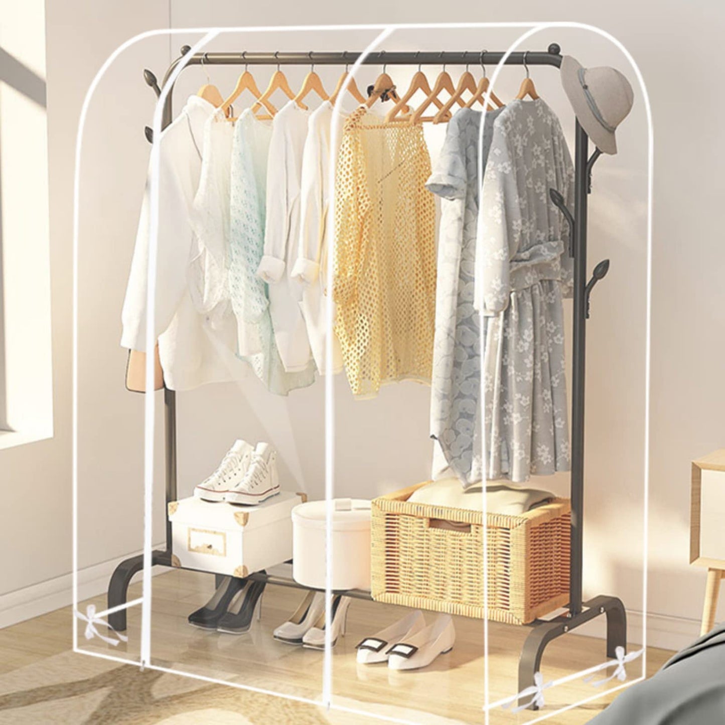 Clear Garment Rack Cover, Transparent PEVA Clothes Rack Cover with 2 Durable Zipper, Clothing Dustproof & Waterproof Protector Cover