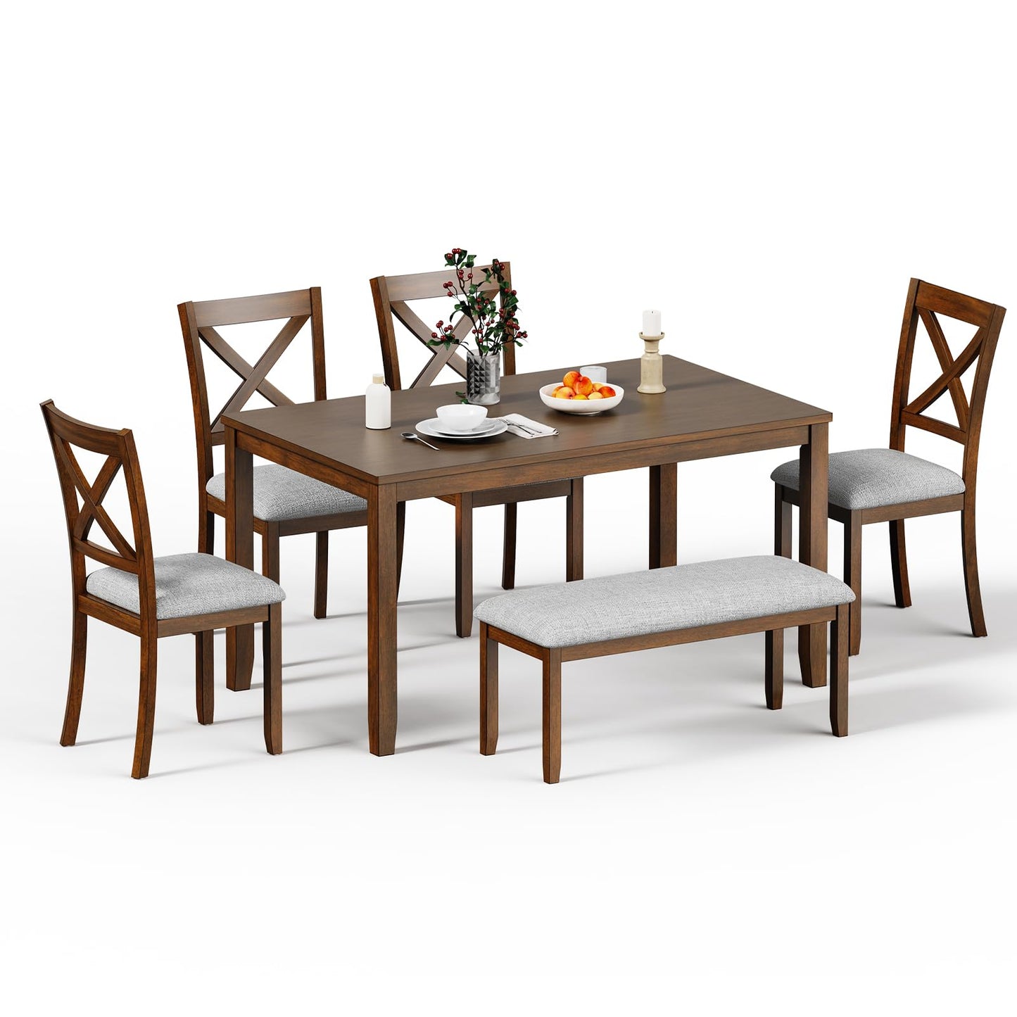 Zevemomo 6-Piece Solid Wood Dining Table Set, Including 1 Dining Table, 4 Upholstered Chairs and 1 Bench, Wooden Dining Table Set for Kitchen, Dining Room, Walnut