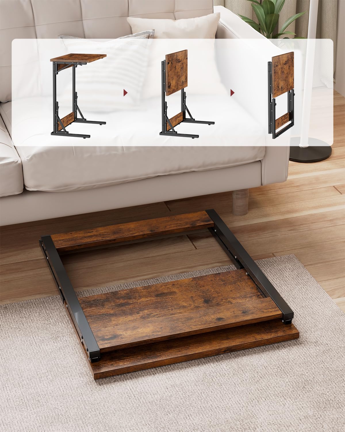 Tatub Folding TV Tray Table Set of 2, 24" Wide C-Shaped End Table for Couches, Small Sofa-Side Laptop Desk with Metal Frame for Living Room, Bedroom, Brown