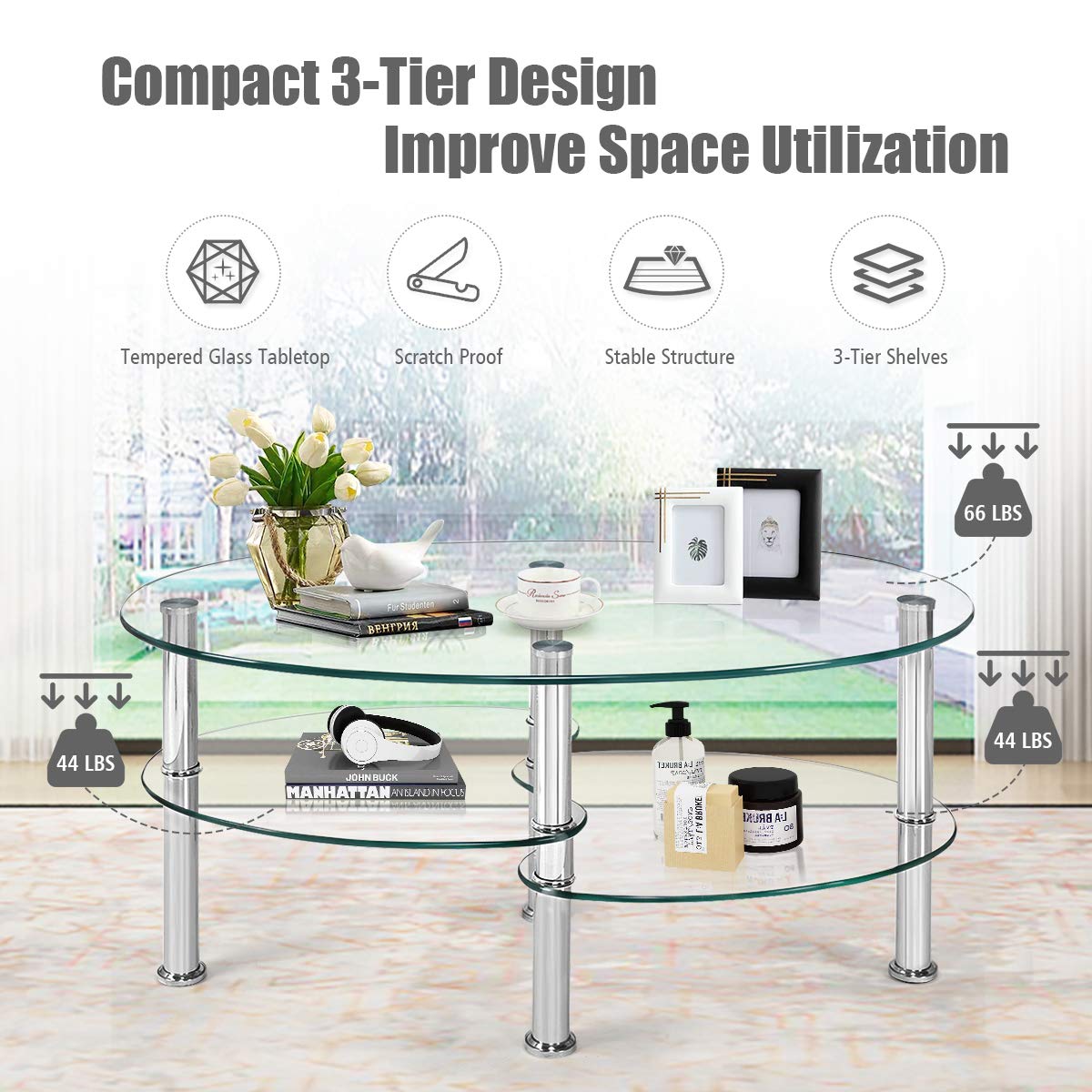 S AFSTAR Glass Coffee Table, Modern Style Glass Shelves with Steel Legs for Living Room, Cocktail Tea Table (Clear Glass)