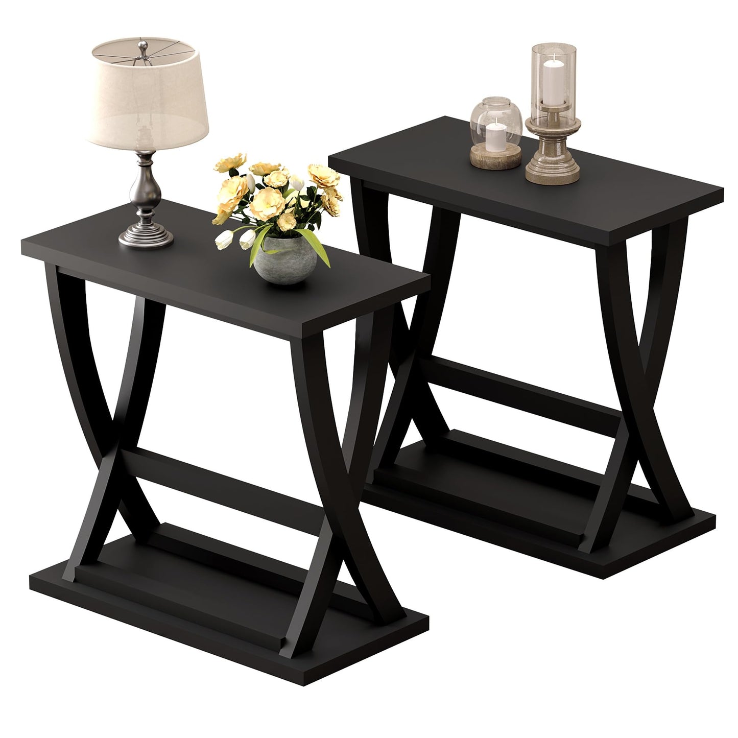 ChooChoo Black End Tables Living Room Set of 2, Narrow Side Table with Storage Shelf, Modern X-Design Slim End Table for Living Room, 11.8" D*23.6" W*23.4" D