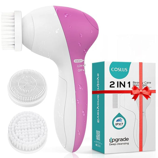 COSLUS Facial Cleansing Brush Silicone Face Scrubber: 2 in1 FBS-D Electric Exfoliating Device Waterproof Deep Cleaning Exfoliation Rotating Spa Machine - Electronic Skincare Wash Spinning System