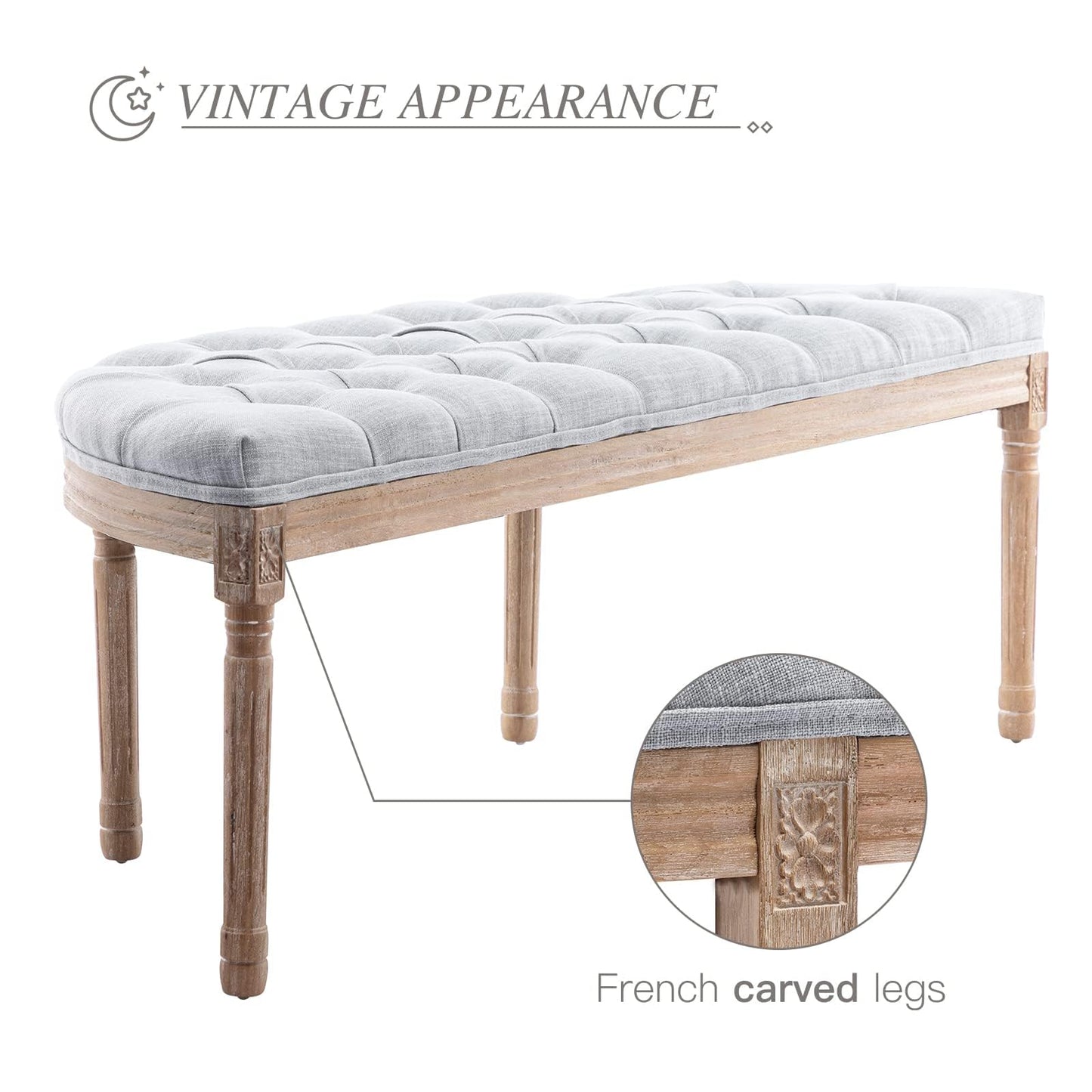 LZAREAL 55" End of Bed Bench Vintage Half Moon Upholstered Fabric Semi-Circle Entryway Bench with Padded Seat & Rubberwood Legs, Tufted Dining Bench for Dining Room Bedroom Living Room Hallway, Grey
