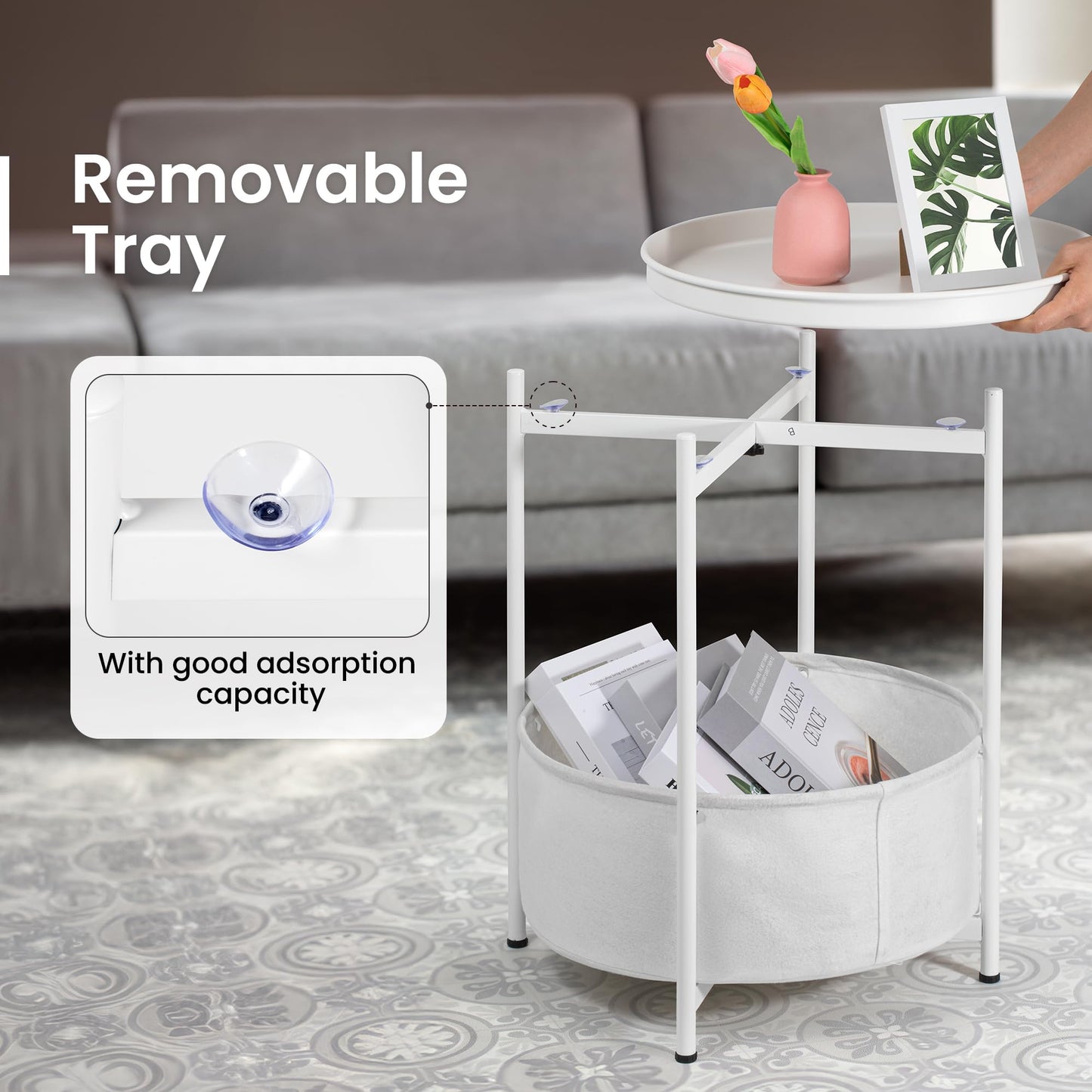 Luwesde Round Side Table, White End Table with Storage Basket, Metal Night Stand with Removable Tray, Small Bedside Table for Living Room, Bedroom, Nursery (White)
