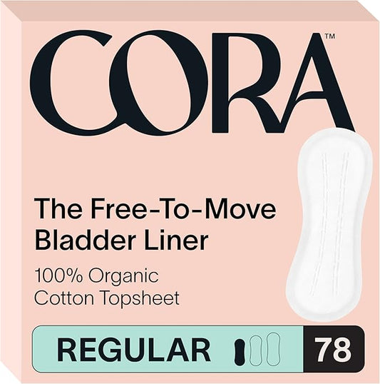 Cora Ultra Thin Organic Bladder Liners | Incontinence & Postpartum Pads for Women | Panty Liners for Bladder Leaks | Breathable Cotton (78 Regular)
