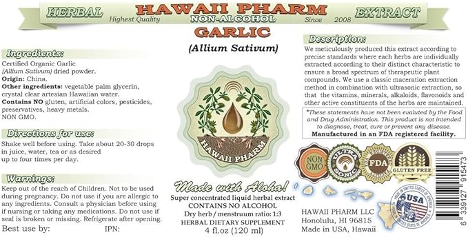 Garlic Alcohol-Free Liquid Extract, Organic Garlic (Allium sativum) Dried Powder Glycerite Hawaii Pharm Natural Herbal Supplement 2x4 oz