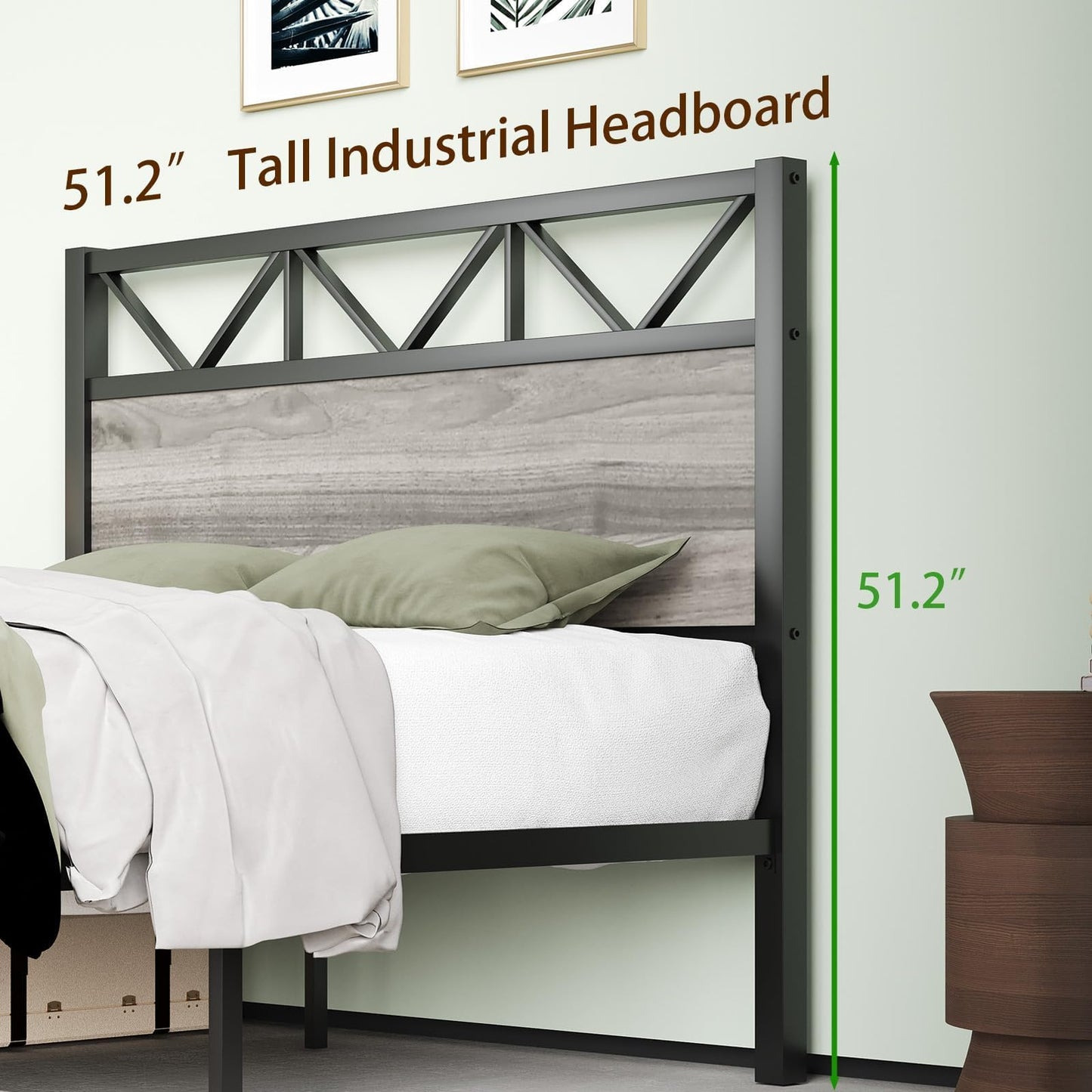 King Size Bed Frame, Industrial King Bed Frame and 51.2" Tall Headboard, King Platform Bed Frame with Strong Steel Slats Support, Noise Free, No Box Spring Needed, Easy Assembly, Rustic Brown