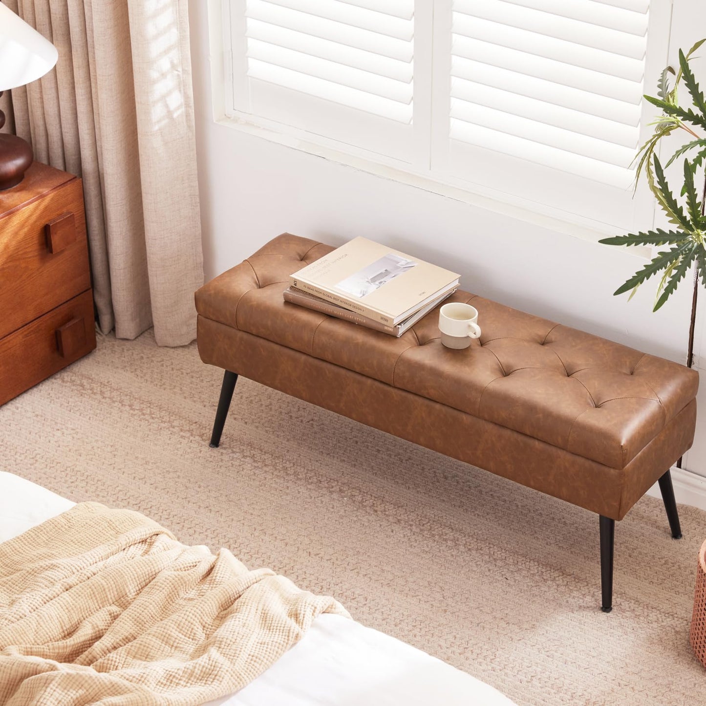 CUYOCA Storage Ottoman Bench, 40" Faux Leather Tufted Entryway Bench, Long Ottoman with Storage for Living Room, Support 660lbs - Cognac Brown
