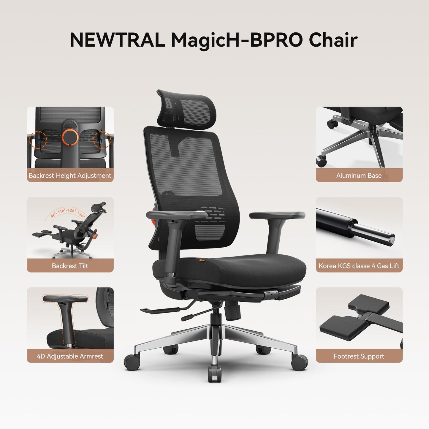 Newtral Office Chair Ergonomic with Footrest, Auto-Following Lumbar Support, High Back Desk Chair with 4D Armrest,136° Tilt Lock, Adjustable Seat Depth & Height (Supreme with Laptop Tray, Black)