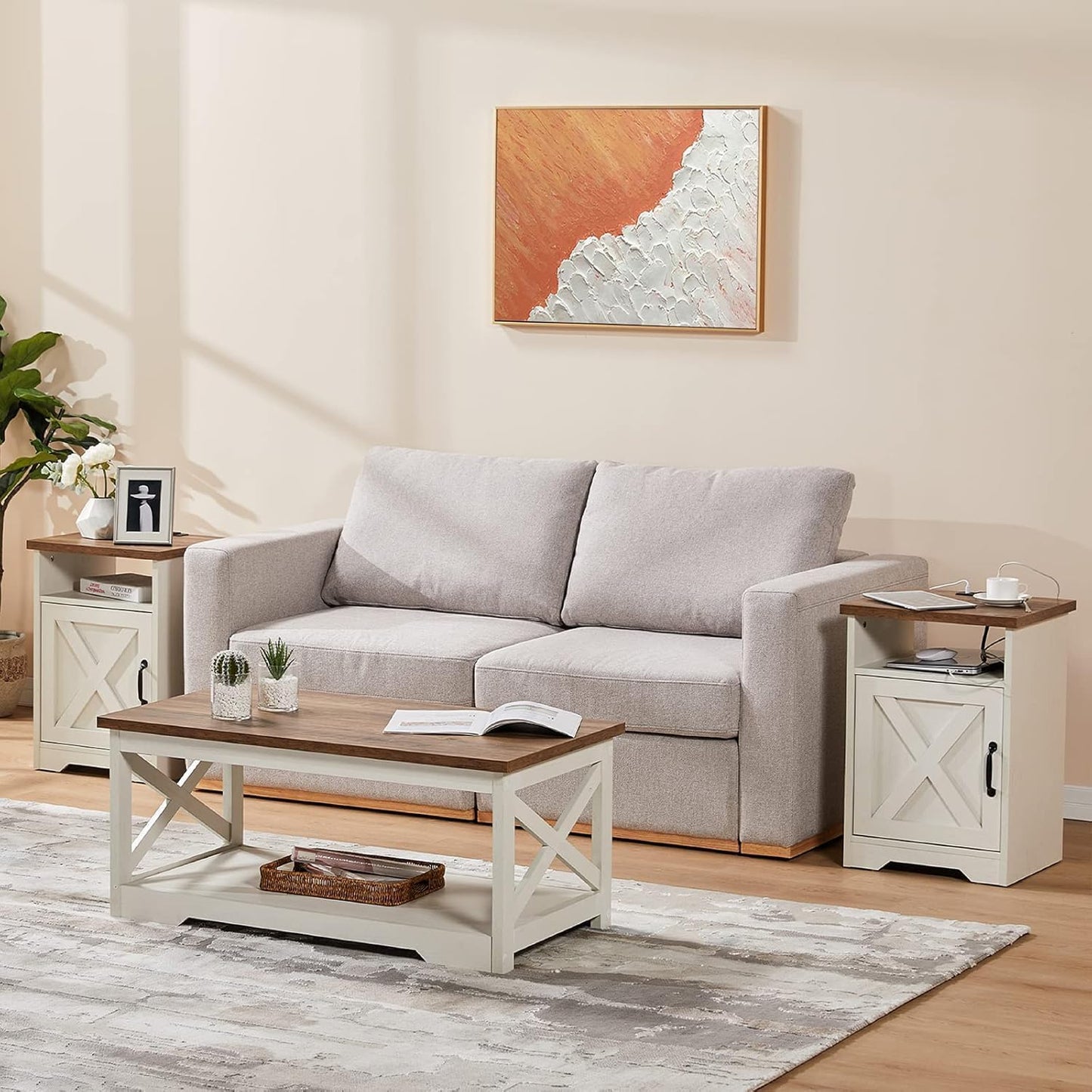 AMERLIFE Farmhouse Living Room Table Set of 4, Include 70" Fireplace TV Stand with 36" Curved Electric Fireplace, Coffee Table & 2 End Tables with Charging Station, White+Barnwood