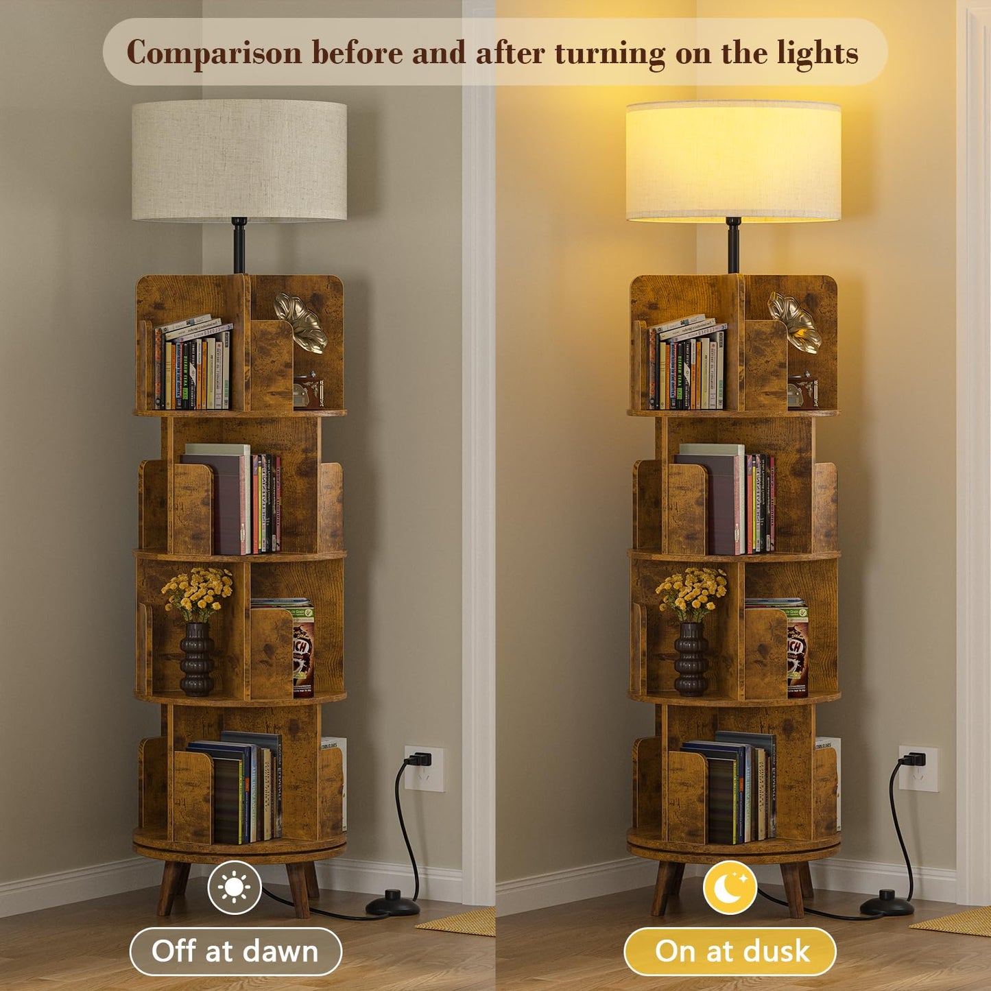 TVU Rotating Bookshelf with Light, 360 Degree Spinning Book Shelf Tower, 4-Tier Circular Bookcase for Small Spaces, Fits Any Corner, for Study、Living Room、Bedroom、Office, Flame Finish