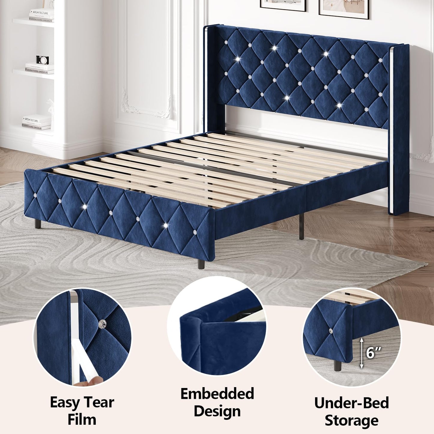 HOMBCK King Bed Frame with Headboard, Velvet Upholstered Bed with Diamond Tufted Design Design, Modern King Size Bed with Wingback, No Box Spring Needed, Easy Assembly, Blue