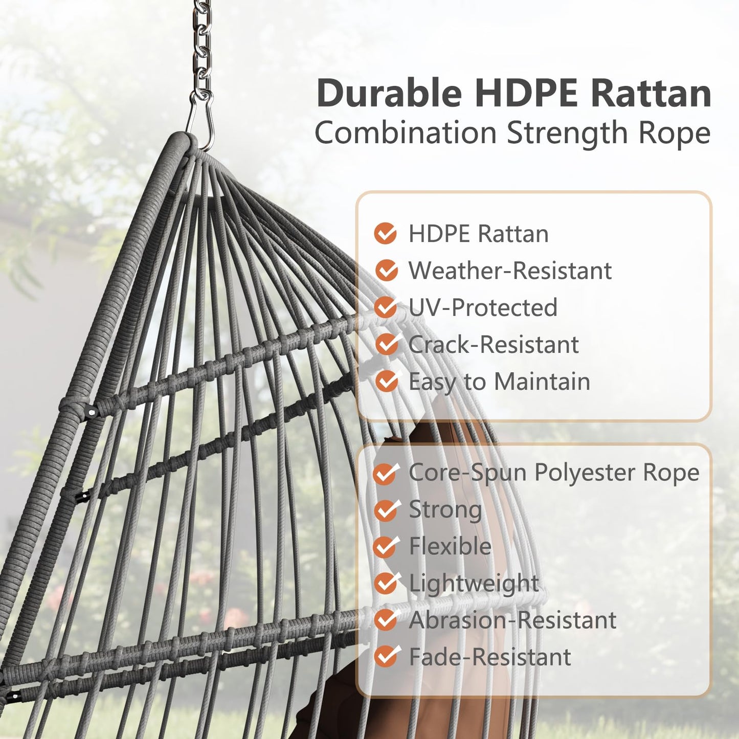 Hanging Egg Chair Without Stand, HDPE Rattan Foldable Swing Chair with Aluminum Frame & UV Resistant Cushion, Hammock Egg Basket for Indoor Outdoor Bedroom Garden, 350Lbs Capacity (Coffee)