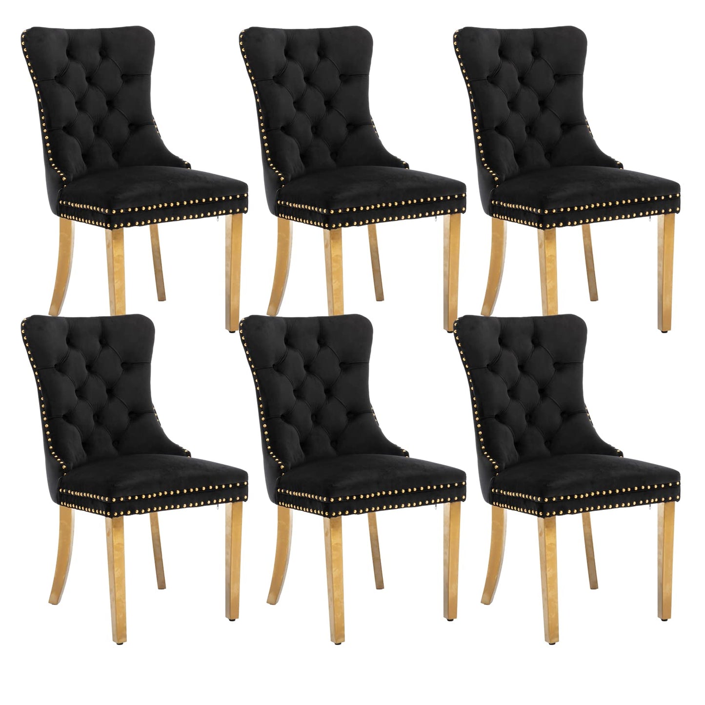 Black Dining Chairs Set of 6,Velvet Upholstered Dining Room Chairs with Back Ring Pull Trim and Golden Stainless Steel Legs,Modern Dining Chairs Perfect for Dining Room,Kitchen(Black)