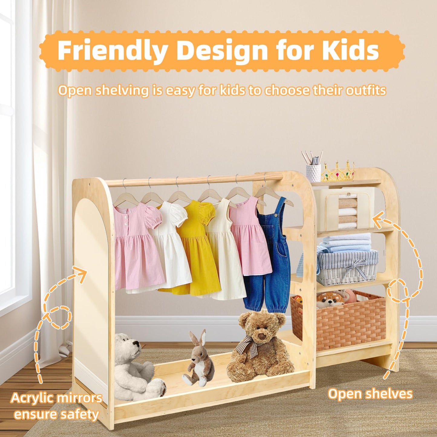 Kids' Dress Up Storage Closet with Mirror, 31.5 Inch Kids Wardrobe Closet with Shelves for Girls and Boys, Wooden Costume Organizer for Bedroom, Classroom, Playroom