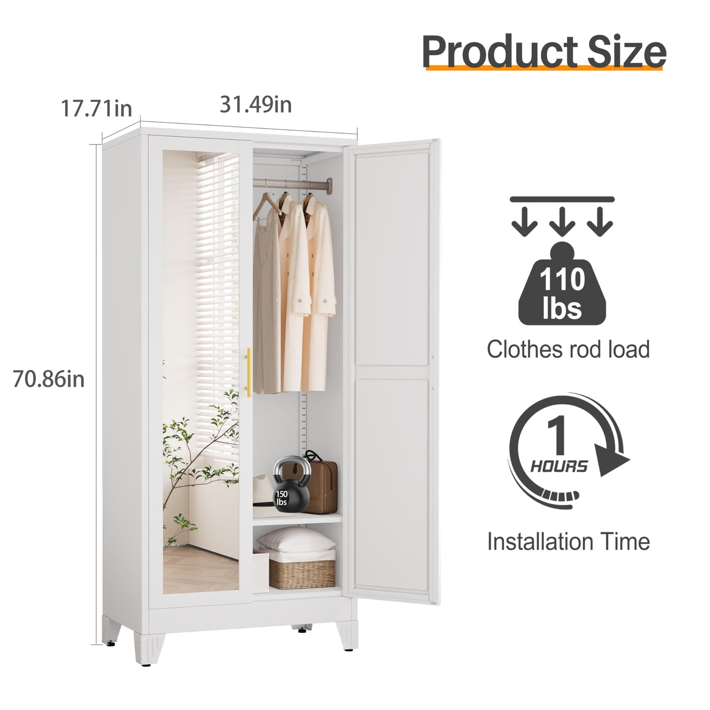 RIETERN Metal Armoire Wardrobe Closet, 71" Tall Bedroom Closet with Mirror, Adjustable Shelves, and Hanging Rod, Steel Clothes Closets and Storage, for Bedroom White
