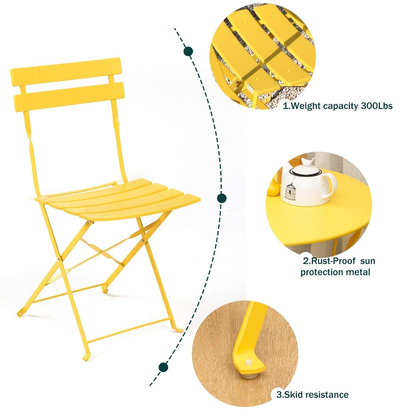 Grand patio 3-Piece Folding Bistro Set, 2 Chairs and 1 Table, Weather-Resistant Outdoor/Indoor Conversation Set for Patio, Yard, Garden-Yellow