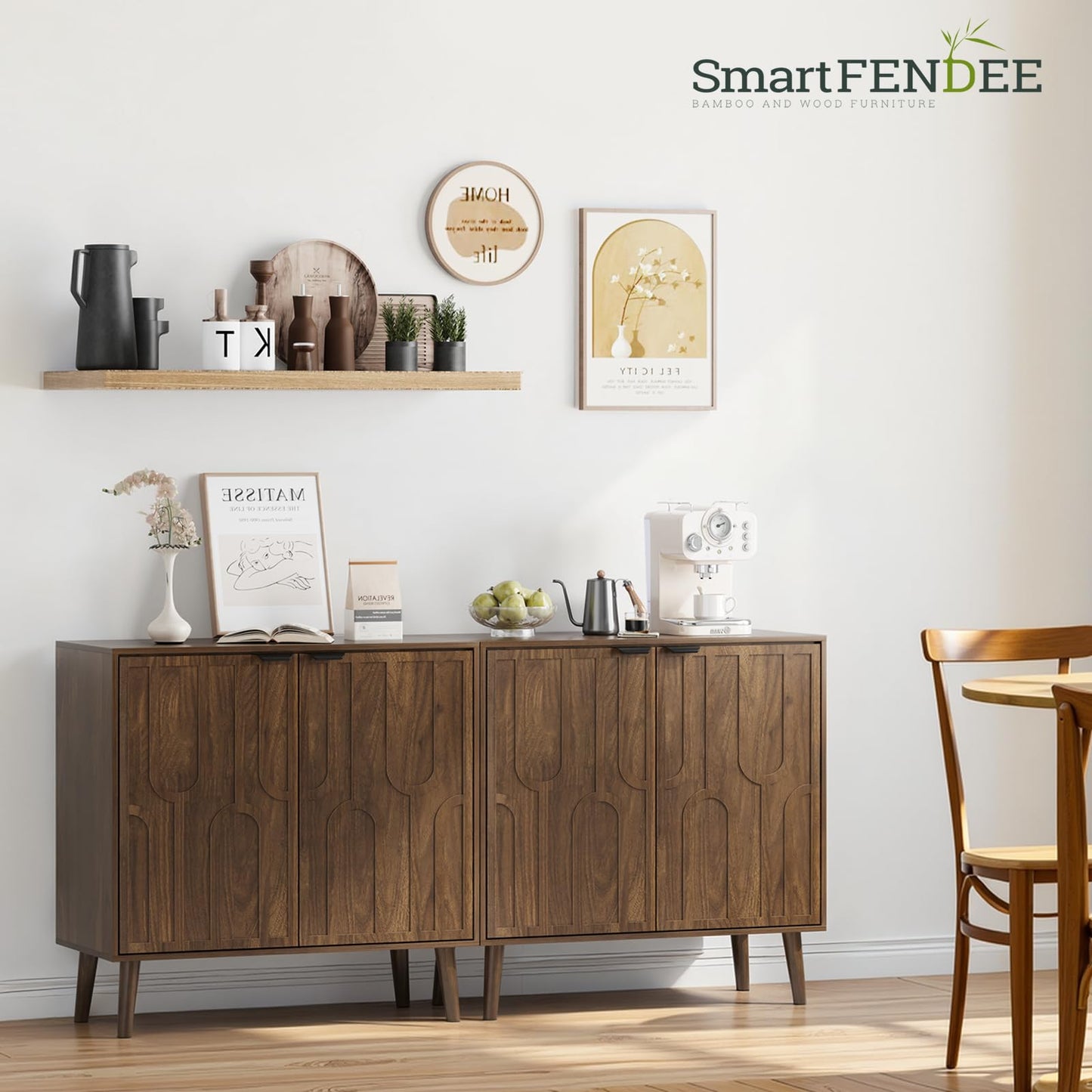 Smart FENDEE Sideboard Buffet Cabinet, Accent Storage Cabinet with U-Shaped Fluted Doors, Farmhouse Wood Cabinet for Kitchen, Living Room, Entryway, Walnut