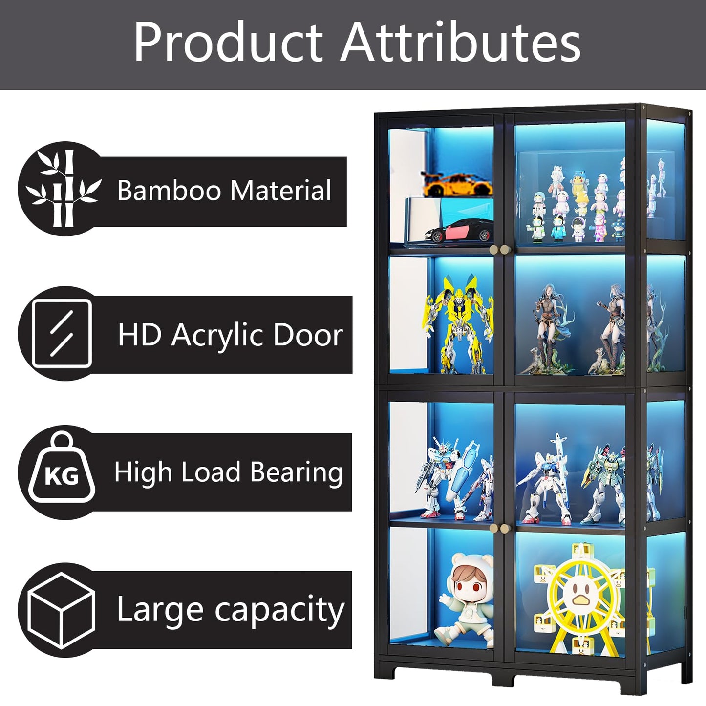 Display Cabinet with Acrylic Glass Door, 4-Tier Curio Cabinet, 65" Display Case for Collectibles, Transparent Curio Case, Toy Organizers Rack & Display Shelf for Home, Office, Playroom, Living Room