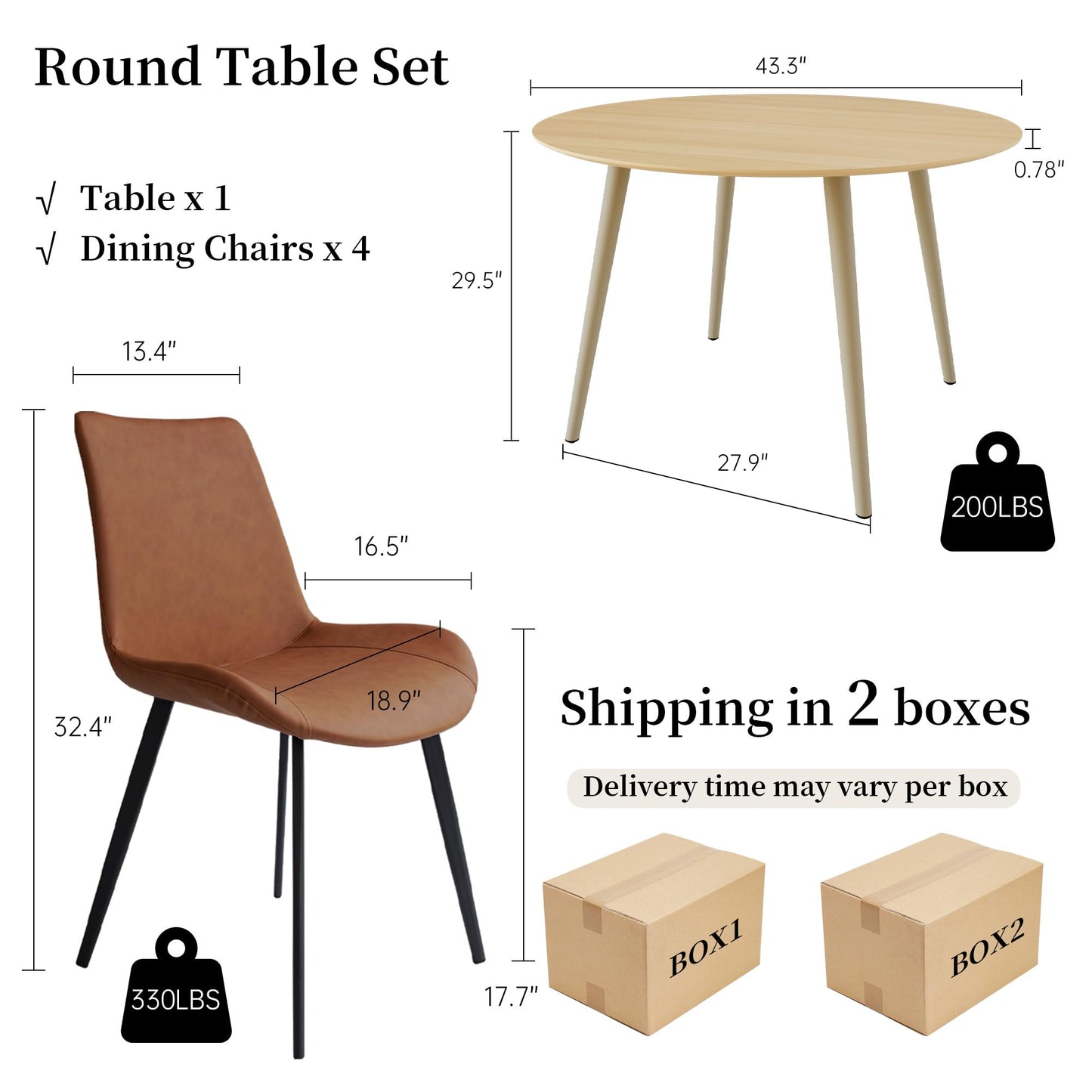 HIPIHOM 43.3 Inch Round Dining Table Set for 4, Modern Small Kitchen Coffee Set for Dining Room Kitchen Apartment (Cream Table + 4 Brown Chairs)