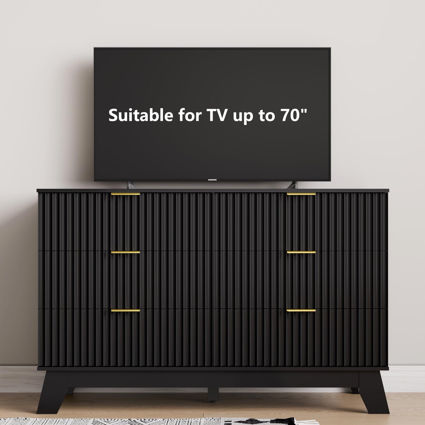 HUANLEGO 6 Drawer Dresser for Bedroom, Black Fluted Dressers Chest of Drawers with Gold Handle, Wood Mid Century Modern Dressers for Closet, Bedroom Dresser Storage Organizer for Living Room, Hallway