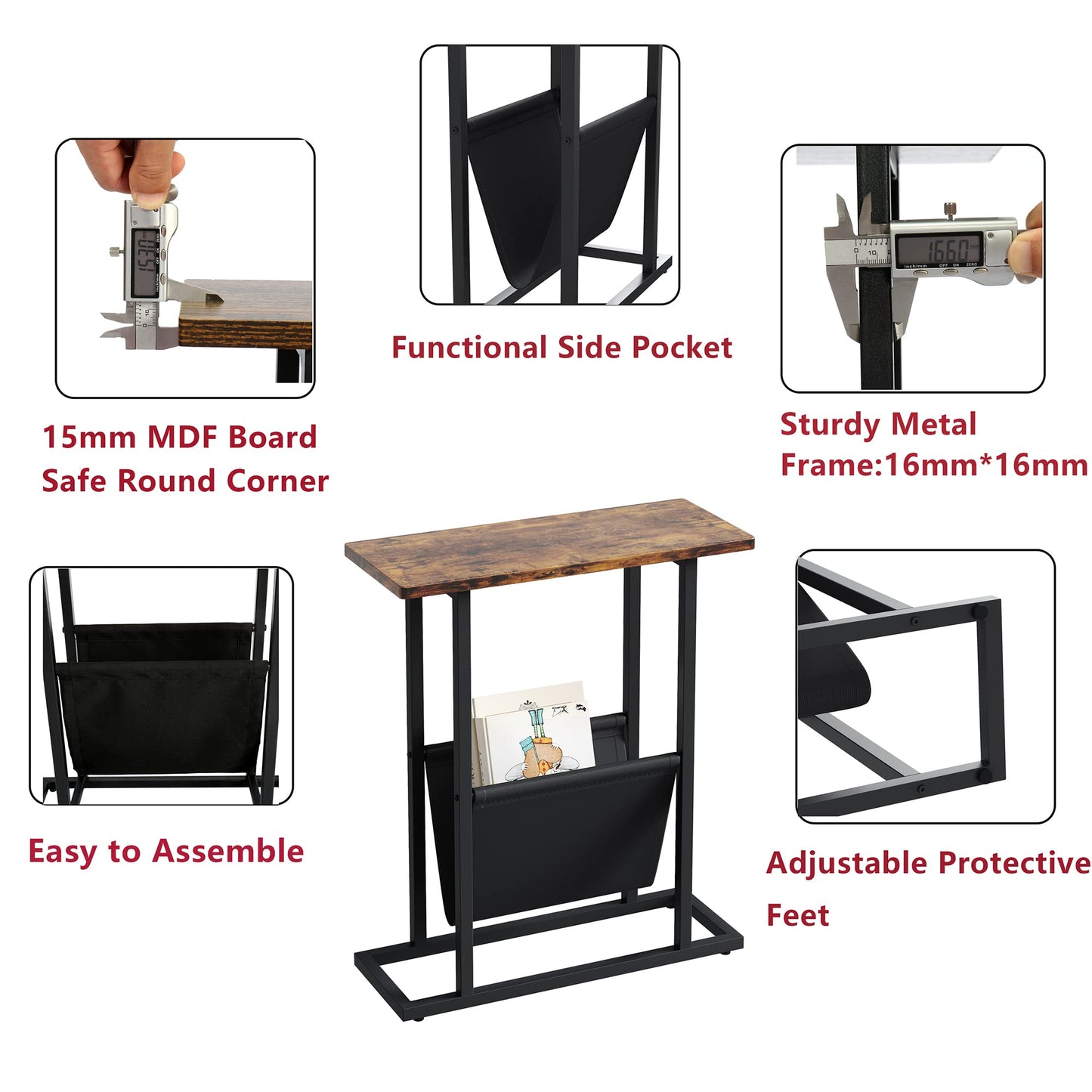 Yusong Small Narrow Side Table for Small Spaces, 17.7" W Slim End Table Magazine Table Nightstand with Storage Holder, Accent Skinny Snack Couch Bedside Table, Rustic Brown, Complete Iron Pipes
