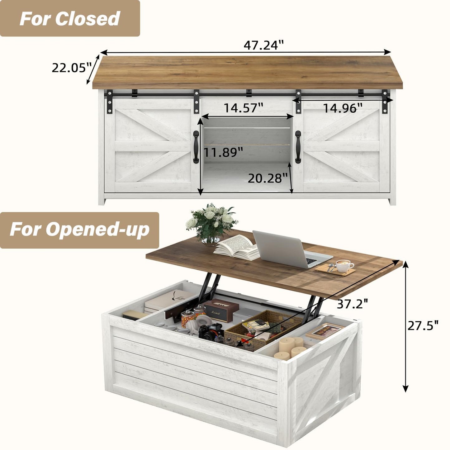 REVOMINCA Farmhouse Coffee Table Lift Top with Storage, 48 Inch White Coffee Table with Sliding Barn Doors, White Center Table with Large Hidden Storage Compartment for Living Room