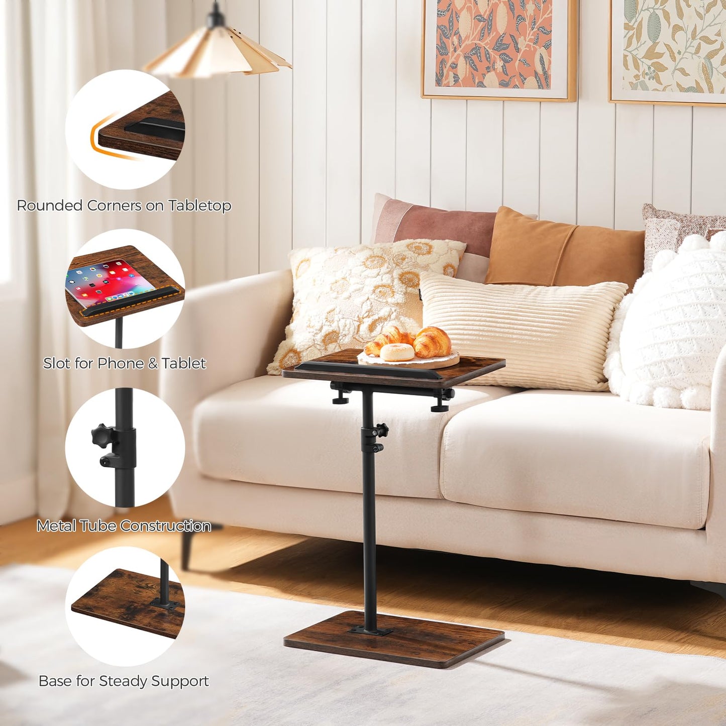 MAHANCRIS TV Tray Table, Sofa Armrest Tray Table for Couch, 360° Swivel Height Adjustable End Table, Snack Side Table with Phone and Tablet Slot, Rustic Brown ETRB4501