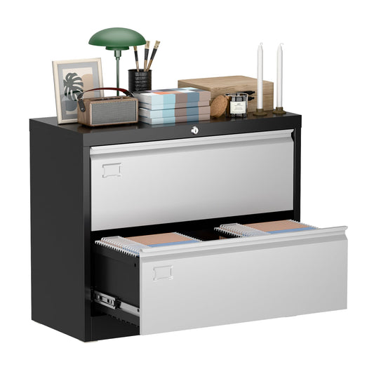 Aobabo Metal 2 Drawer Lateral File Cabinet with Lock, Large Deep Drawer with Adjustable File Bars for Office,Home, 34.5 Inches Wide for Letter/Legal Size, Black Grey, Assembly Required