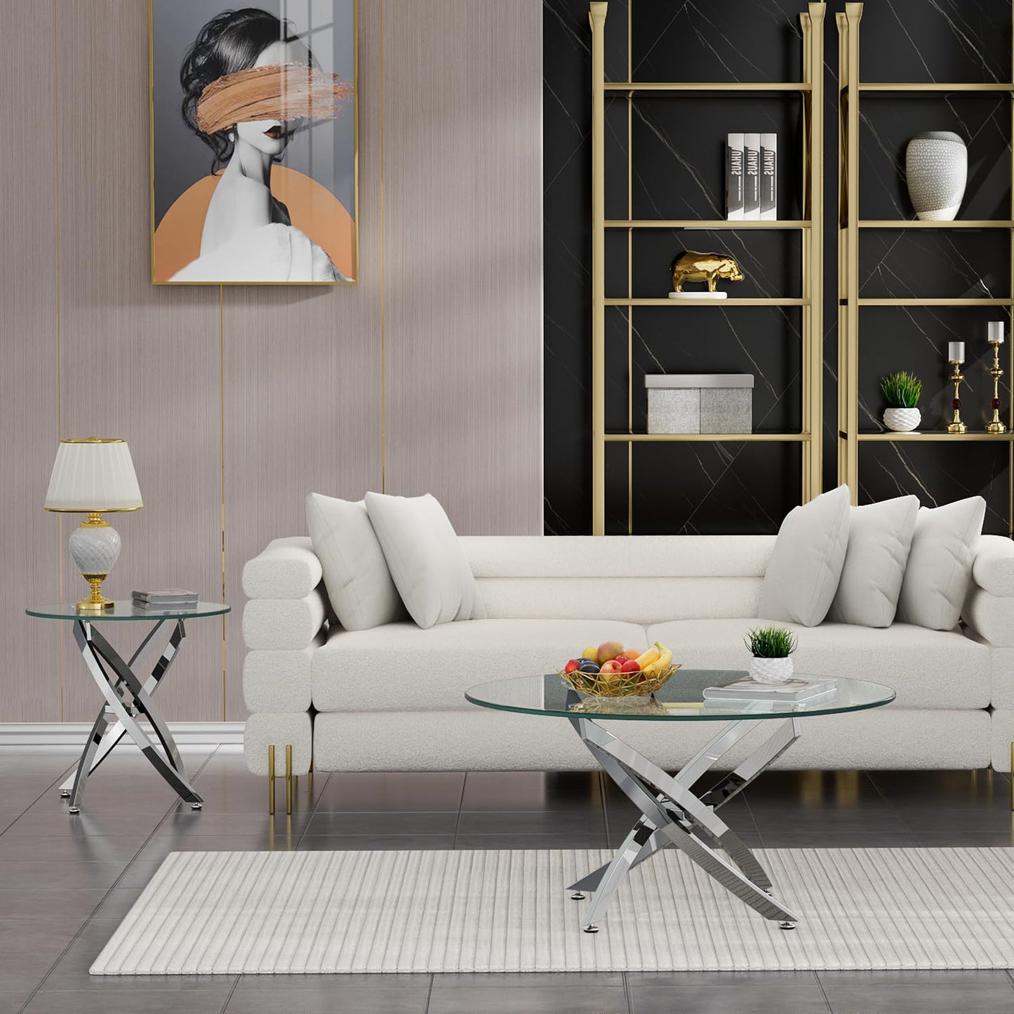 SSLine Modern Round Glass Coffee End Table Set of 2 Luxury Circle Cocktail Center Table with 1 End Table for Living Room Bedroom Office, Mirrored Stainless Steel Cross Base(Clear Silver2)