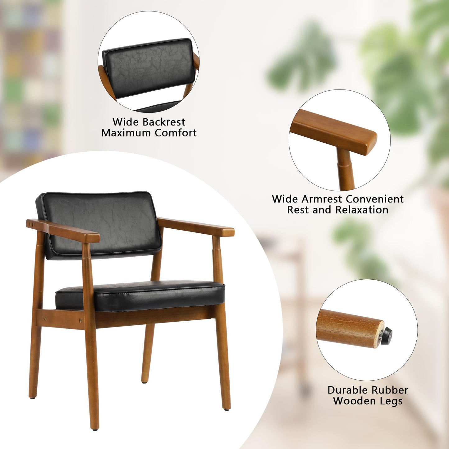 LSSPAID Mid Century Dining Chairs with Wooden Handrail, Black Fabric Upholstered Faux Leather Armchair Comfy Backrest Modern Kitchen Chairs for Bedroom Living Room Dining Room, Set of 1