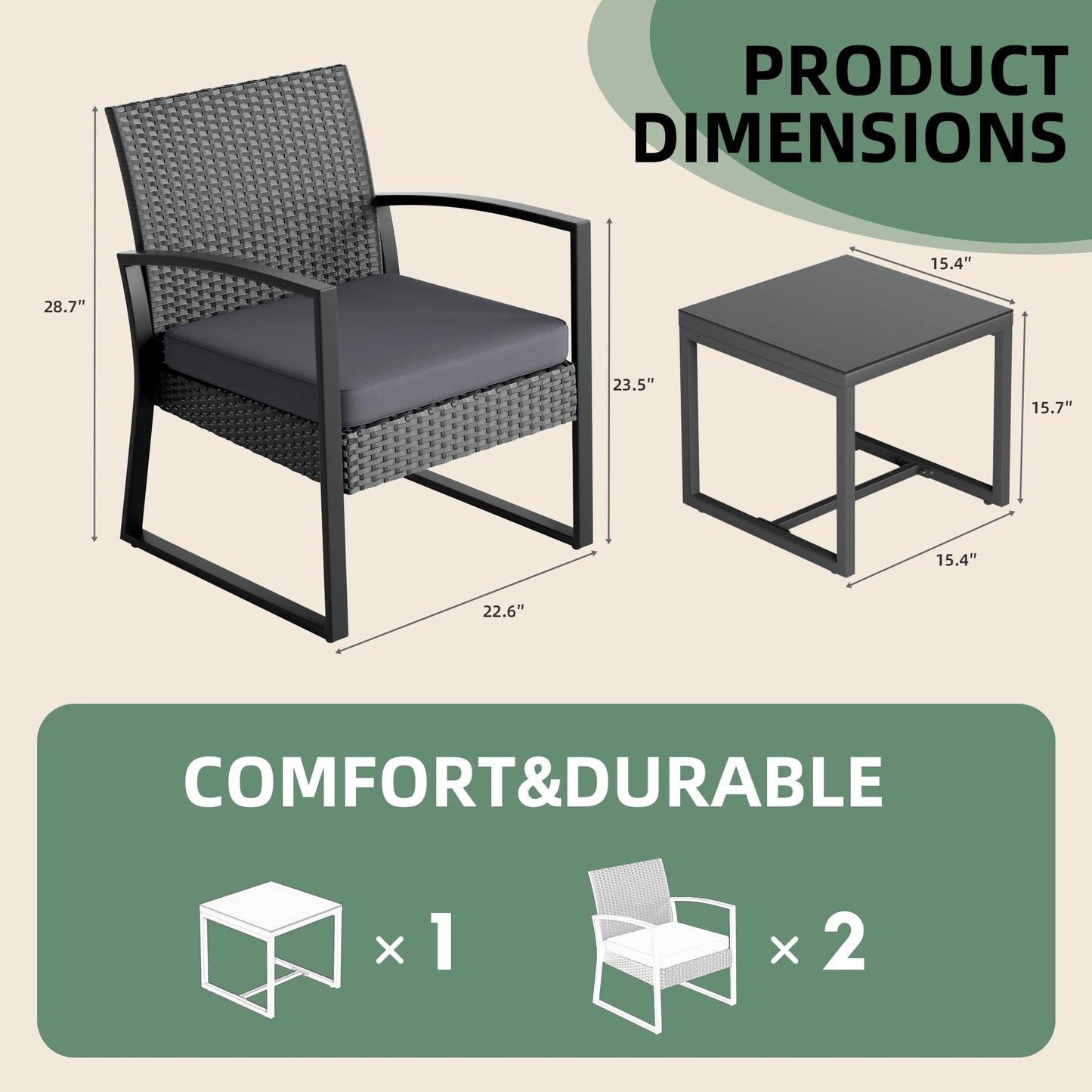 ELEGIBLISS 3-Piece Patio Furniture Set, Wicker Rattan Chairs with Coffee Table, Metal Frame, for Outdoor Balcony, Porch
