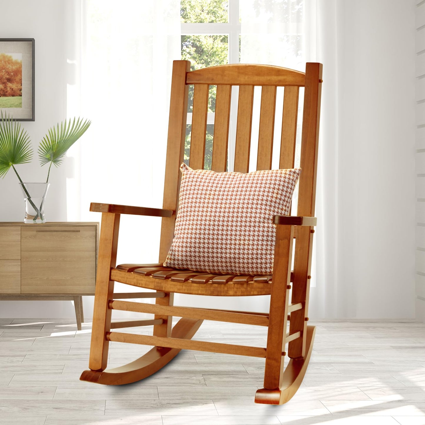 Hupmad Wooden Oversized Porch Rocker Chair with High Back and Armrest, All Weather Slatted Rocker for Backyard, Garden, 400 lbs Support, Natural
