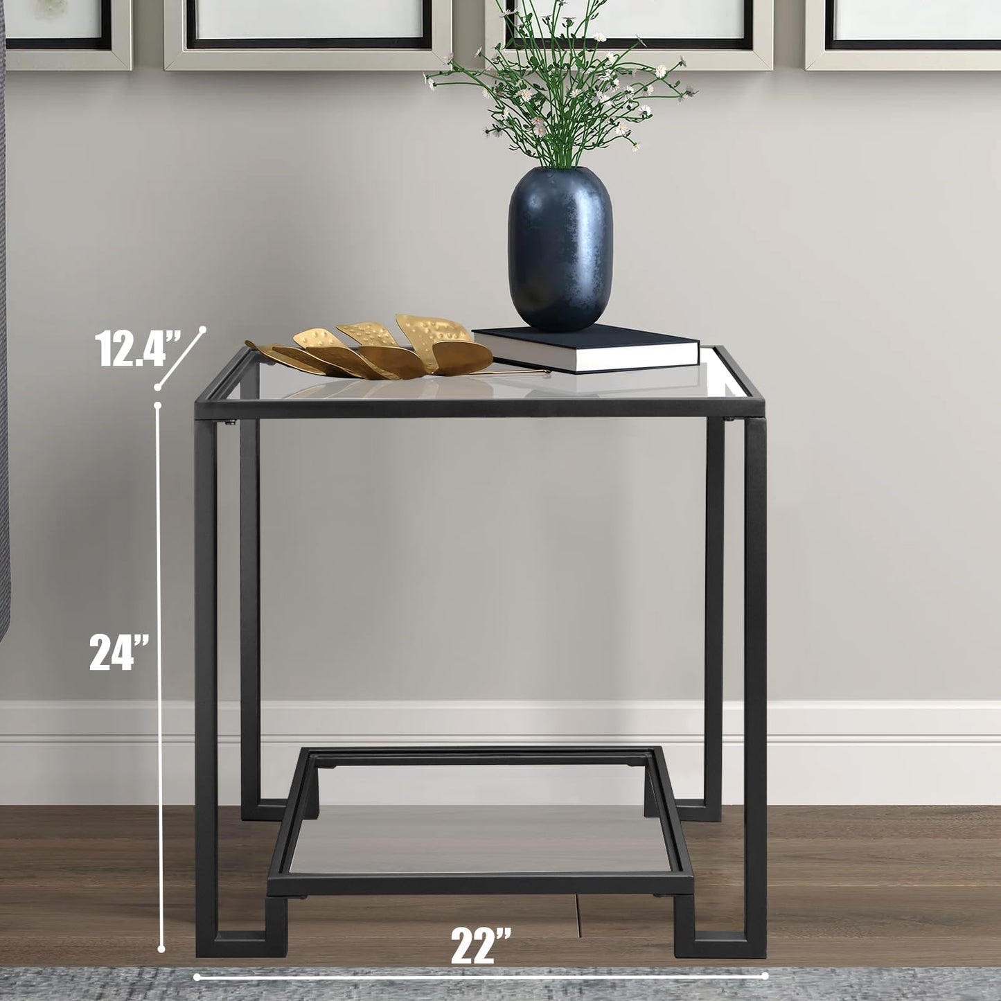 GIFTTROVE 2 Tier Rectangular Side Table, Black End Table with Glass Top, Modern Metal Clear Coffee Tables，Small Accent Tables for Living Room, Bedroom, 22" x 12.4" x 24"