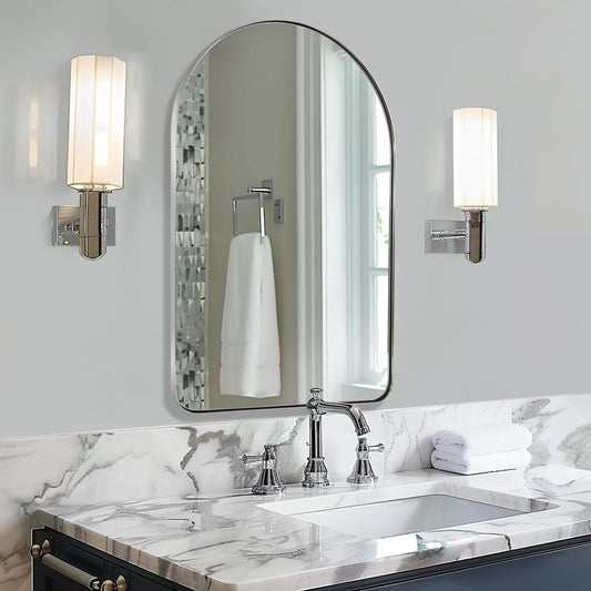 ANDY STAR Chrome Mirror, 22 x 35 Inch Arch Mirror in Stainless Steel Metal Frame, Chrome Arched Bathroom Mirror, Arch Top Rounded Corner 1 Inch Deep Set Design Wall Mount Hangs Vertical