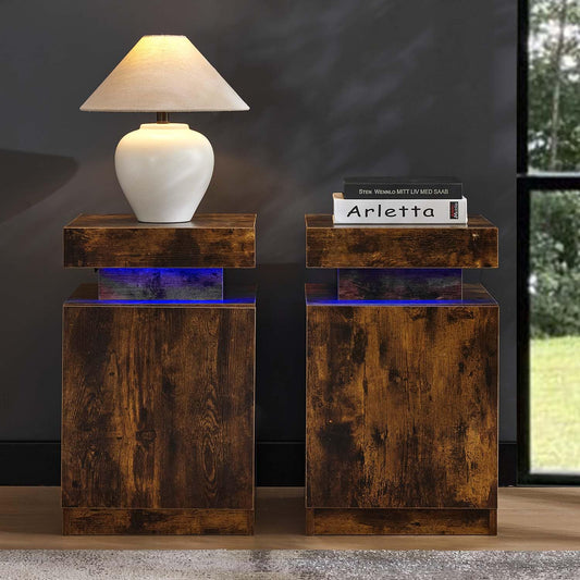 Brown Nightstands Set of 2, Modern End Table with LED Lights, Bedside Table with Large Storage, 2 Night Stands for Bedrooms
