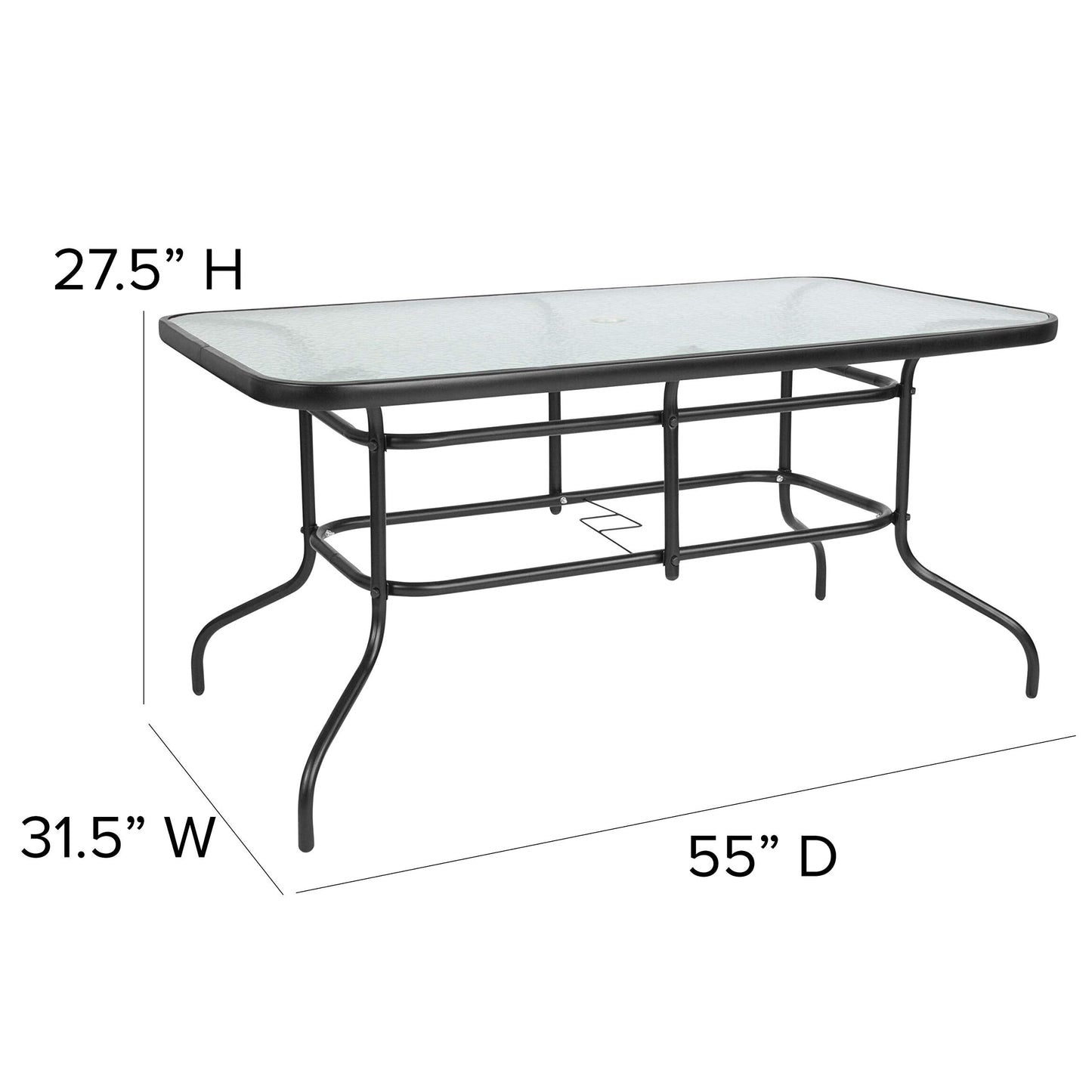 EMMA + OLIVER Patio Table & Chairs Set - Rectangular Metal Table with Tempered Glass Top - 6 Black Aluminum Stacking Chairs - All Weather for Indoor/Outdoor Use