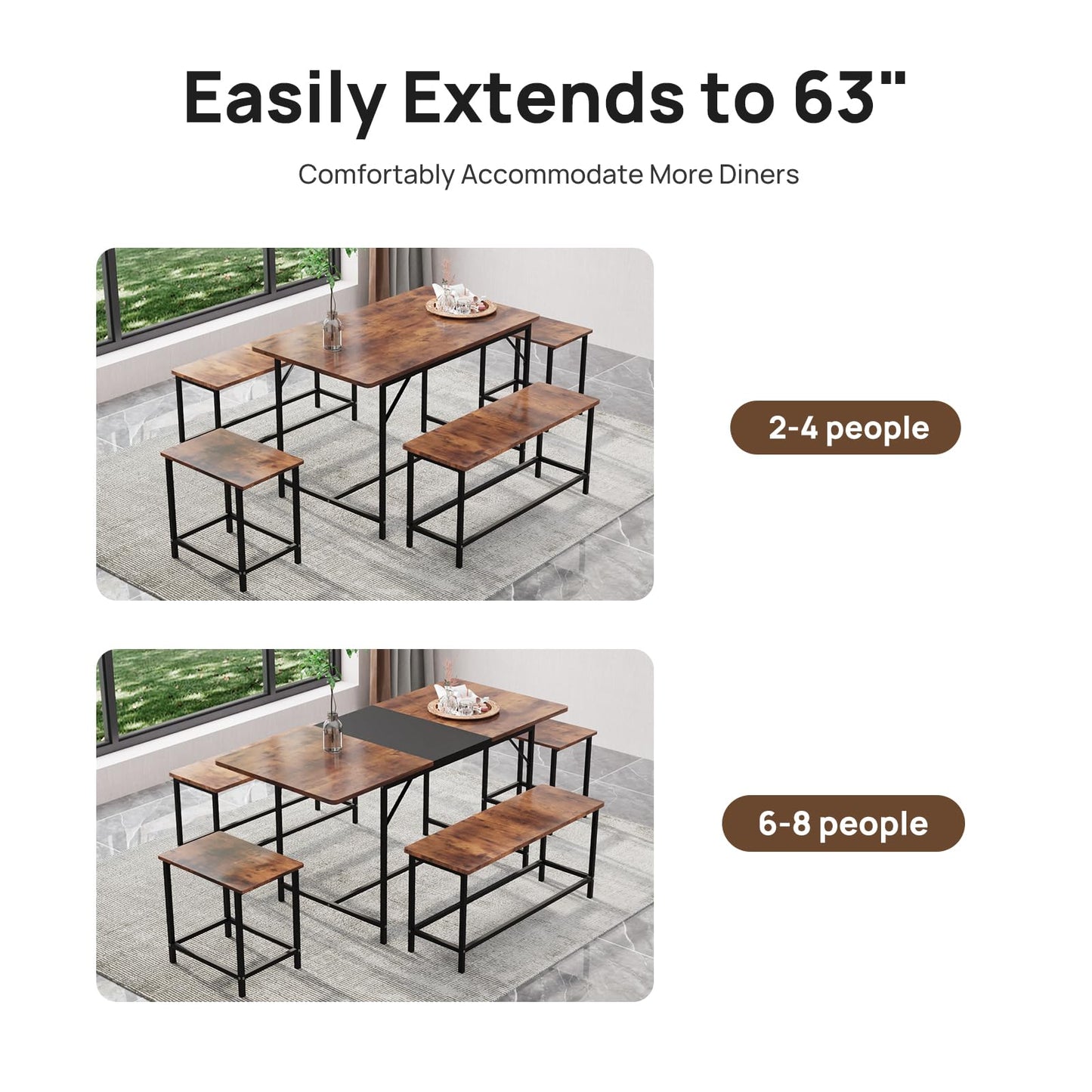 amzzar 5 Piece Dining Table Set for 4-6, 63" Extendable Dining Room Table with 2 Benches & 2 Stools, Farmhouse Kitchen Table and Chairs with Metal Frame & MDF Board,Space-Saving, Rustic Brown