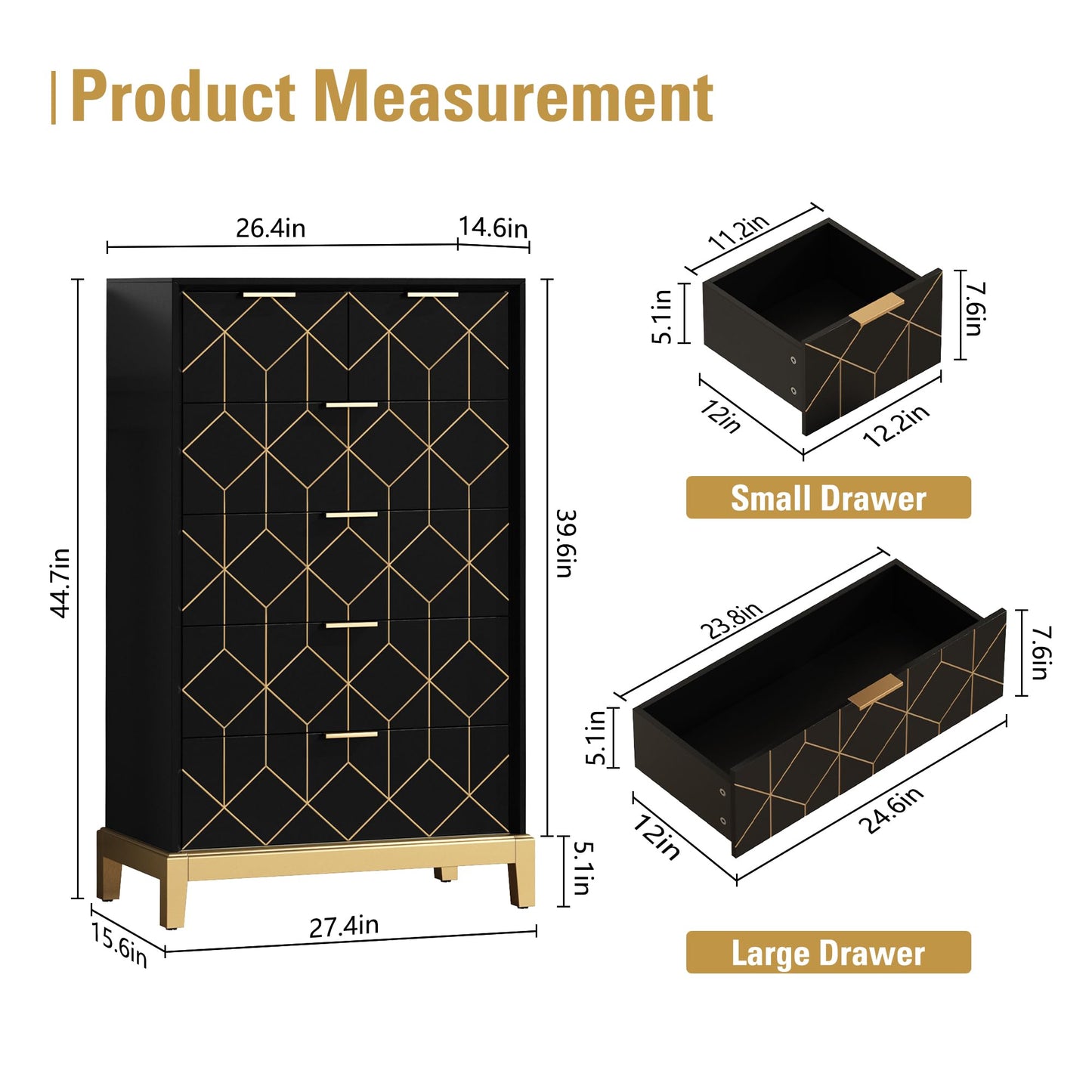 HLR 6 Drawer Dresser for Bedroom,Modern Wood Chest of Drawers with Gold Trim, Tall Dresser Storage Tower, Large Capacity Organizer Unit for Closet, Living Room, Hallway, Entryway，Black