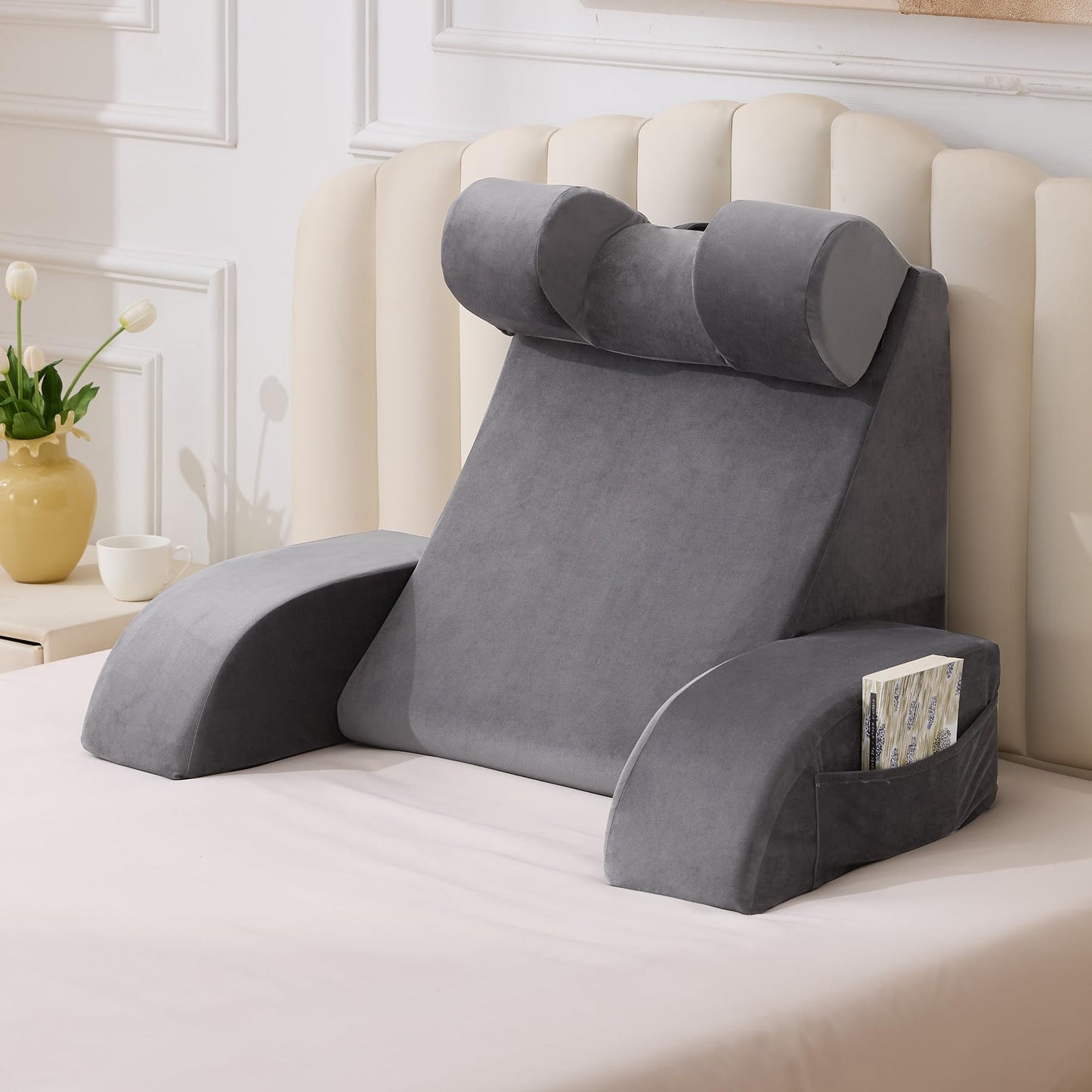 Velorose Reading Pillow for Sitting in Bed Adult, Back Pillow for Bed Sitting up, Backrest Pillow with Arms, Back Support Pillows for Gaming Lounging Watching TV, Medium 19" Grey