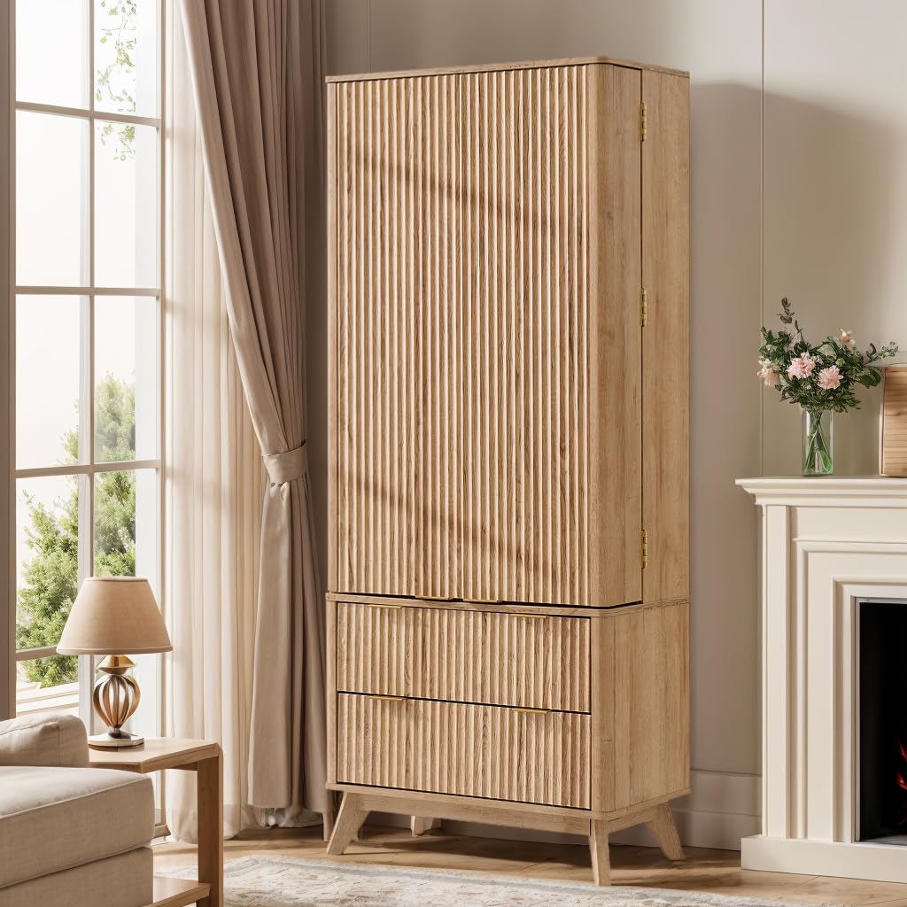 OKD Fluted Pantry Cabinet, Modern Kitchen Hutch, 72" Tall Storage Cabinet with 10 Door Shelves & 2 Drawers, Wood Cupboard for Kitchen & Living Room, Natrual Oak
