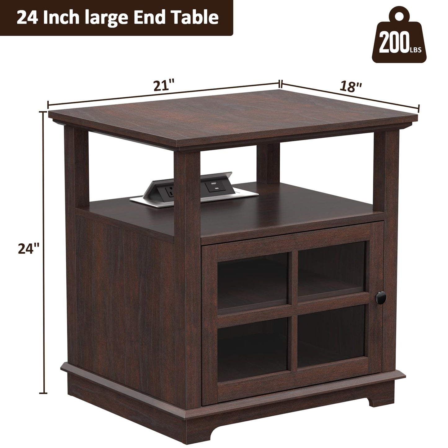 HIFYOBRO 24''Tall End Table with Charging Station, Adjustable Shelf, Storage Side Table,21" Large Nightstand for Living Room, Bedroom,Espresso
